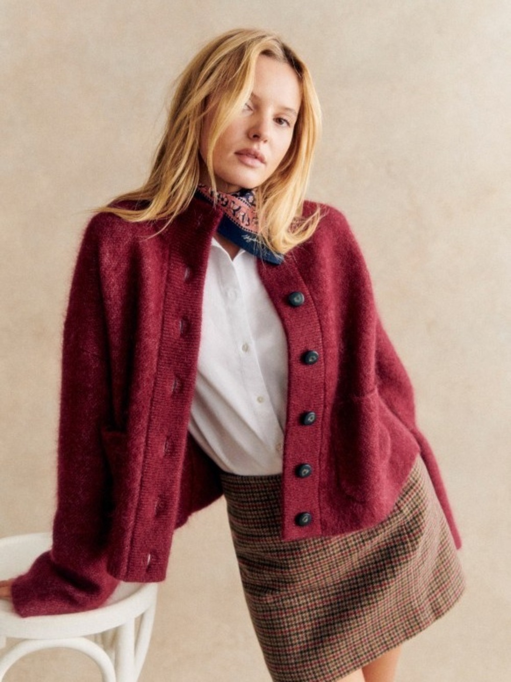 Sezane Burgundy Thasis Jacket- Button-Front Wool-Blend Jacket